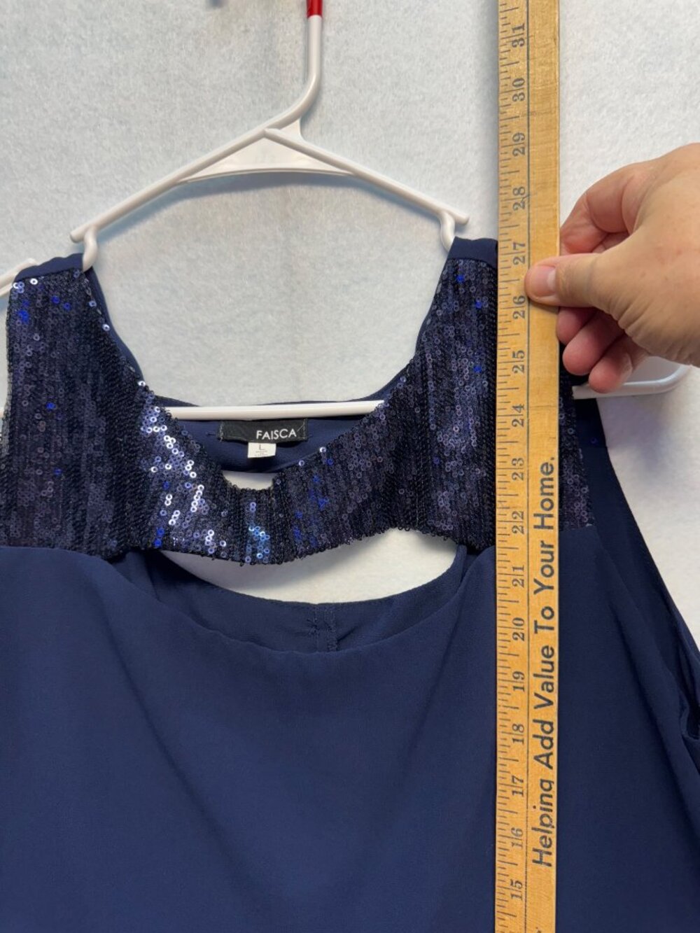 Navy Blue Sleeveless Sequin Accent Layered Chiffon Blouse Top By Faisca L - Picture 7 of 8
